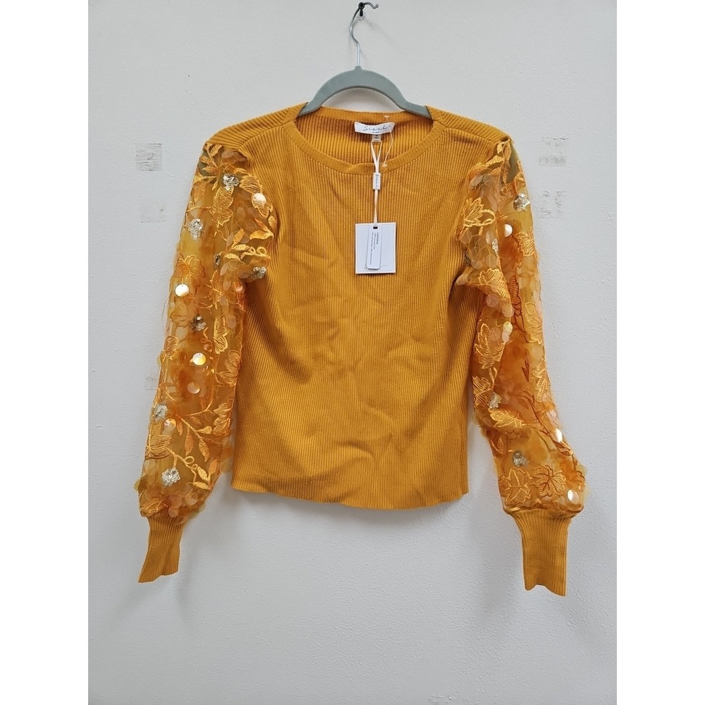 New Sioni Milano Women's Sequins Bling Bling Crew Sweater Size Small Yellow Gold